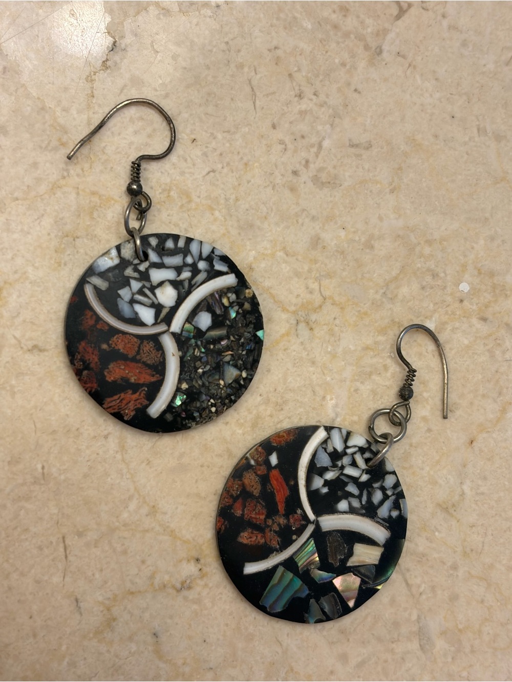 Round Black Mosaic Drop Earrings with Mother-of-Pearl Inlay